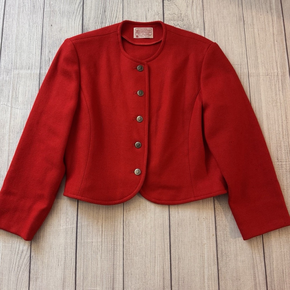 Vintage Pendleton Wool Collarless Fitted Blazer Jacket Size S Red Office Career